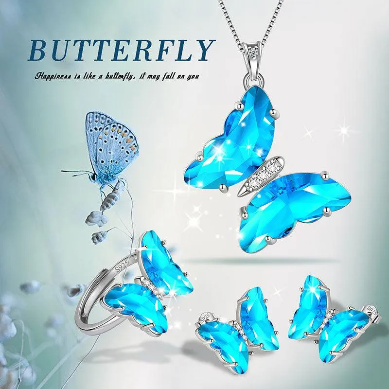 Blue Butterfly Jewelry Set 4PCS March Aquamarine Birthstone Women Girls Birthday Gifts