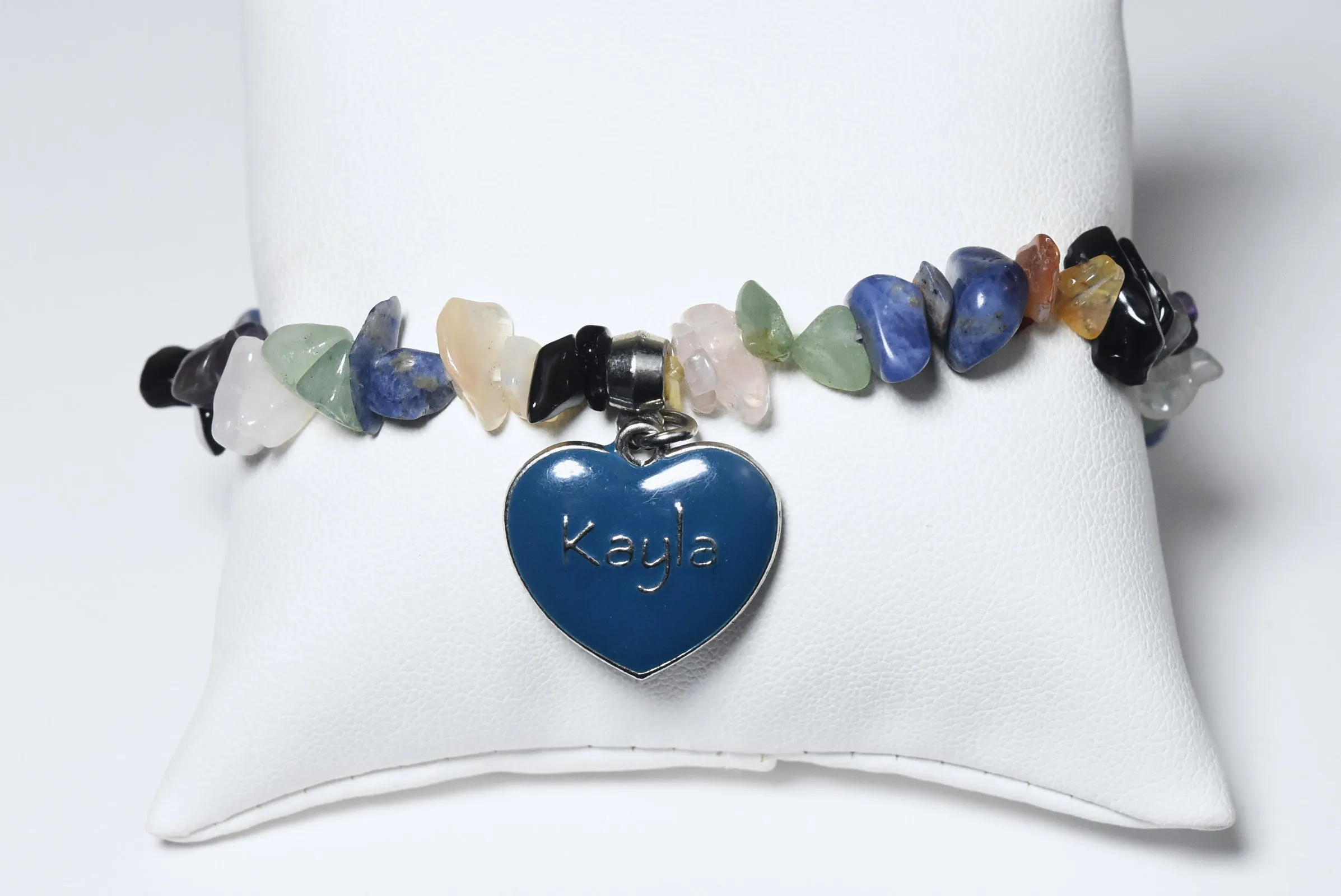 Blue Enamel "Kayla" Heart Charm on Gemstone Beaded Stretch Bracelet