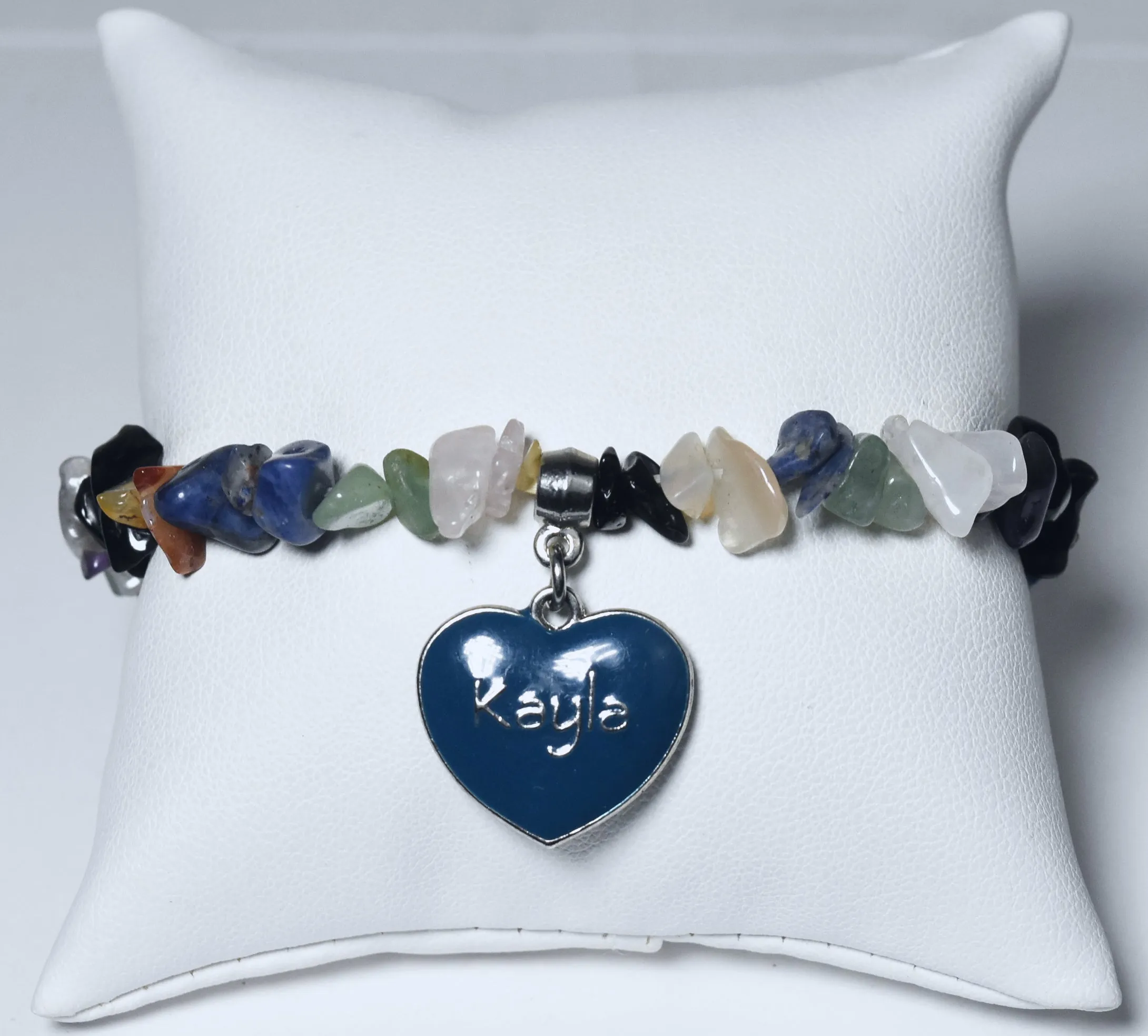 Blue Enamel "Kayla" Heart Charm on Gemstone Beaded Stretch Bracelet