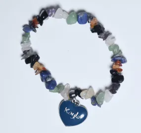 Blue Enamel "Kayla" Heart Charm on Gemstone Beaded Stretch Bracelet