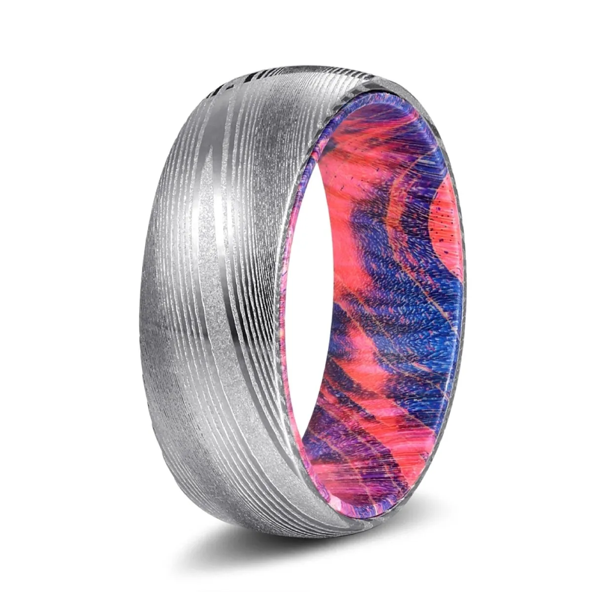 BLUEHAWK | Blue and Red Wood, Silver Damascus Steel, Domed