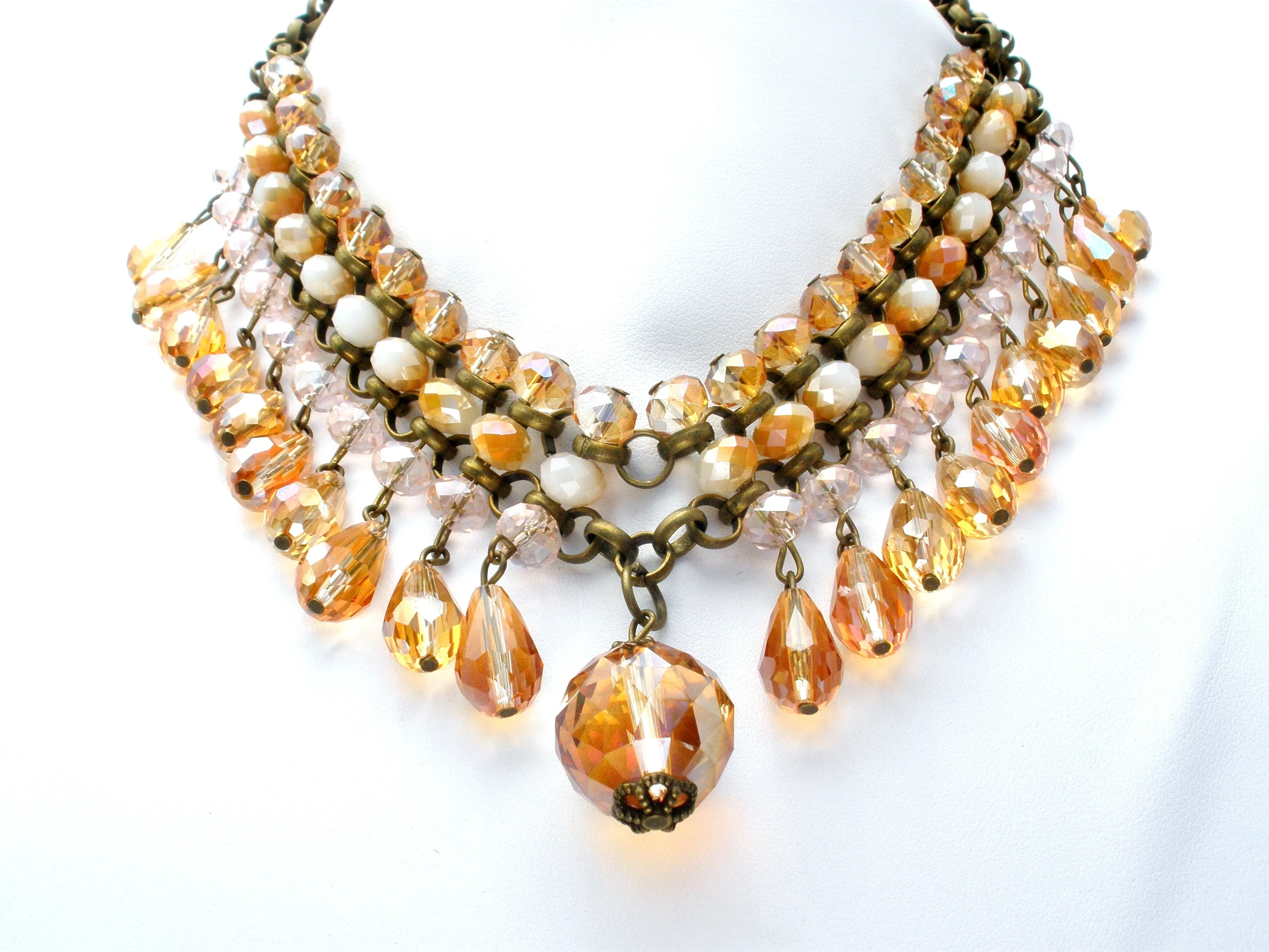 Brass Runway Bib Necklace with Crystals Beads