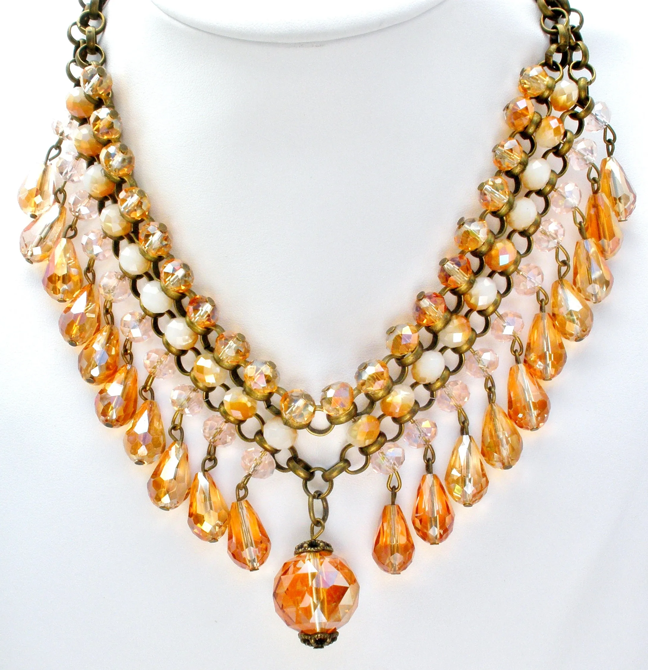 Brass Runway Bib Necklace with Crystals Beads