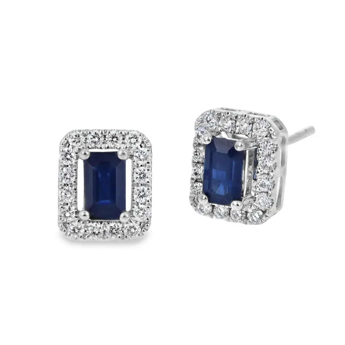 Briight Blue Emerald Cut Sapphire & Diamond Stud Earrings