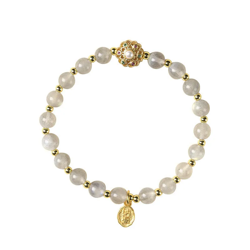 Buddha Stones 14K Gold Plated Natural Strawberry Quartz Labradorite Sun Stone Fu Character Positive Charm Bracelet