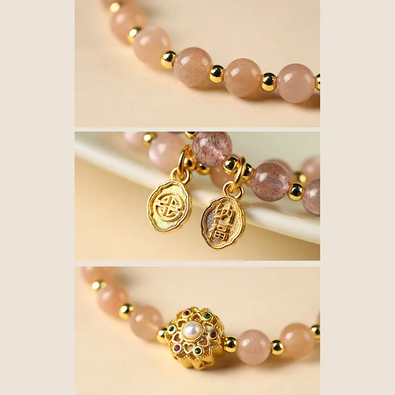 Buddha Stones 14K Gold Plated Natural Strawberry Quartz Labradorite Sun Stone Fu Character Positive Charm Bracelet