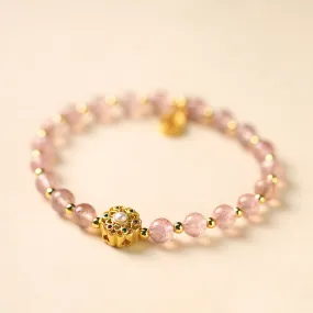 Buddha Stones 14K Gold Plated Natural Strawberry Quartz Labradorite Sun Stone Fu Character Positive Charm Bracelet