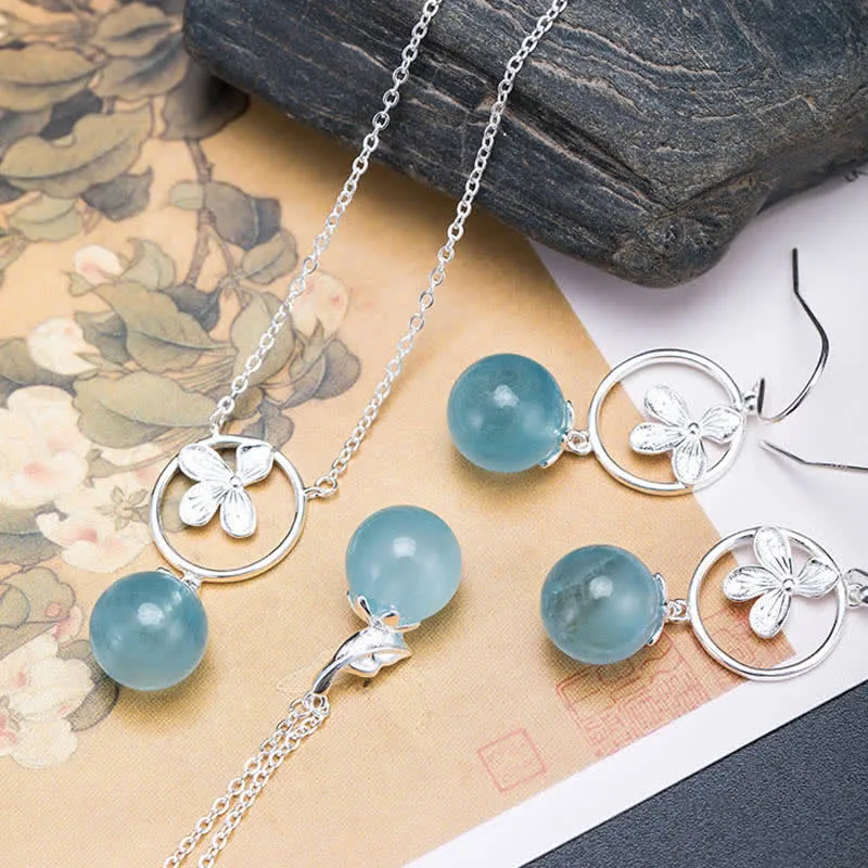 Buddha Stones 925 Sterling Silver Natural Aquamarine Leaf Flower Peace Earrings Necklace