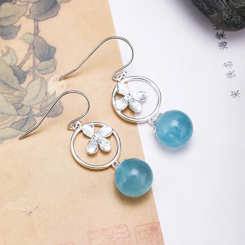 Buddha Stones 925 Sterling Silver Natural Aquamarine Leaf Flower Peace Earrings Necklace