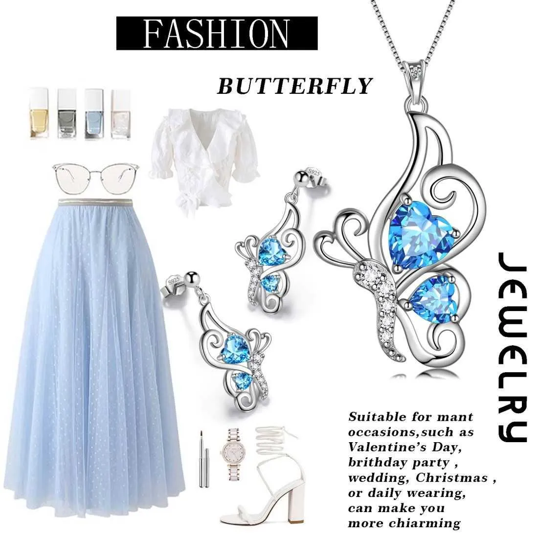 Butterfly Birthstone March Aquamarine Jewelry Set 3PCS Women Girls Birthday Gift