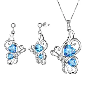 Butterfly Birthstone March Aquamarine Jewelry Set 3PCS Women Girls Birthday Gift