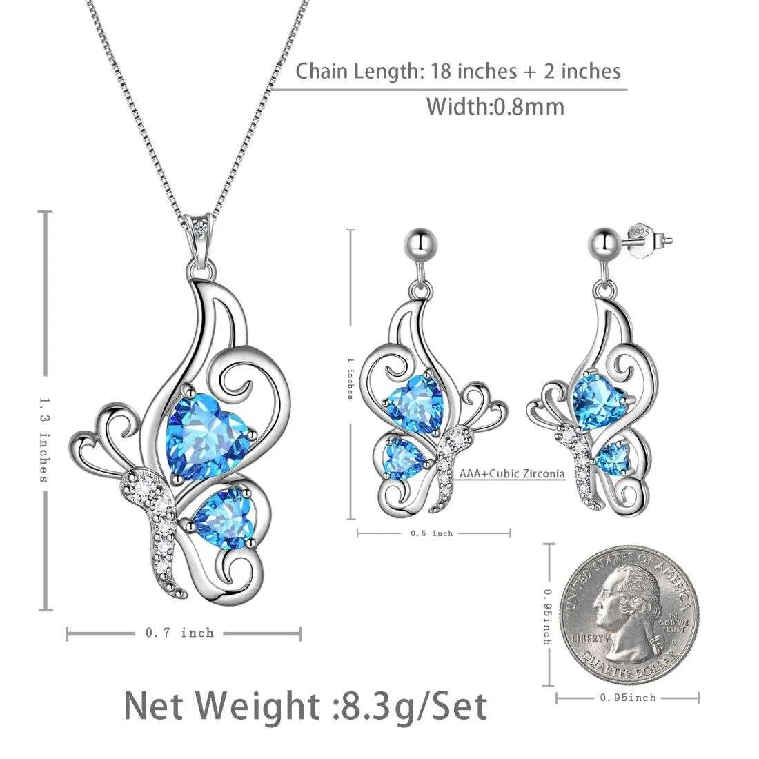 Butterfly Birthstone March Aquamarine Jewelry Set 3PCS Women Girls Birthday Gift