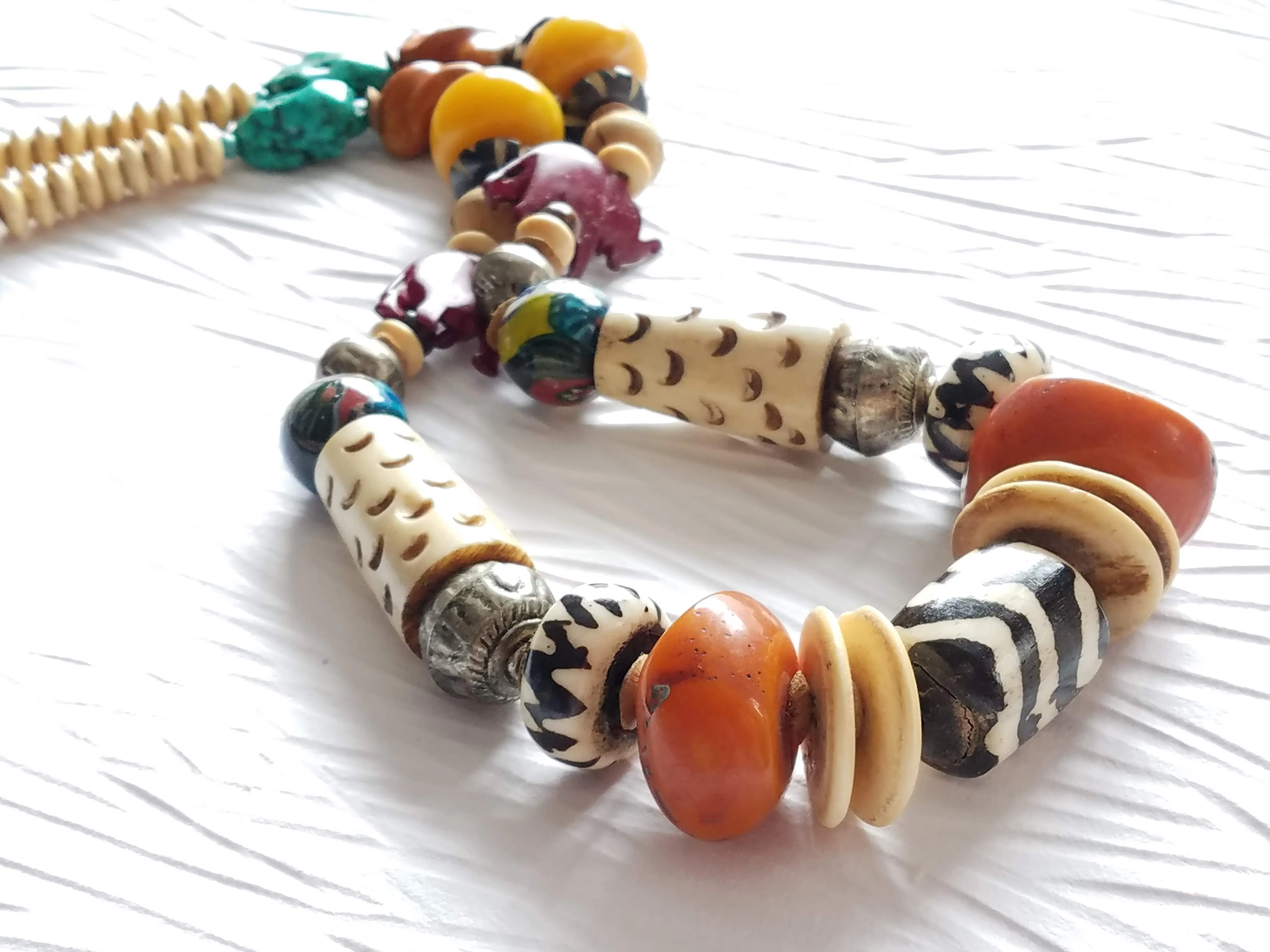 Carved Bone and Horn, Copal Amber Resin Batik Bone Lampwork Glass Elephant Casual Statement Necklace, The Juke Joint