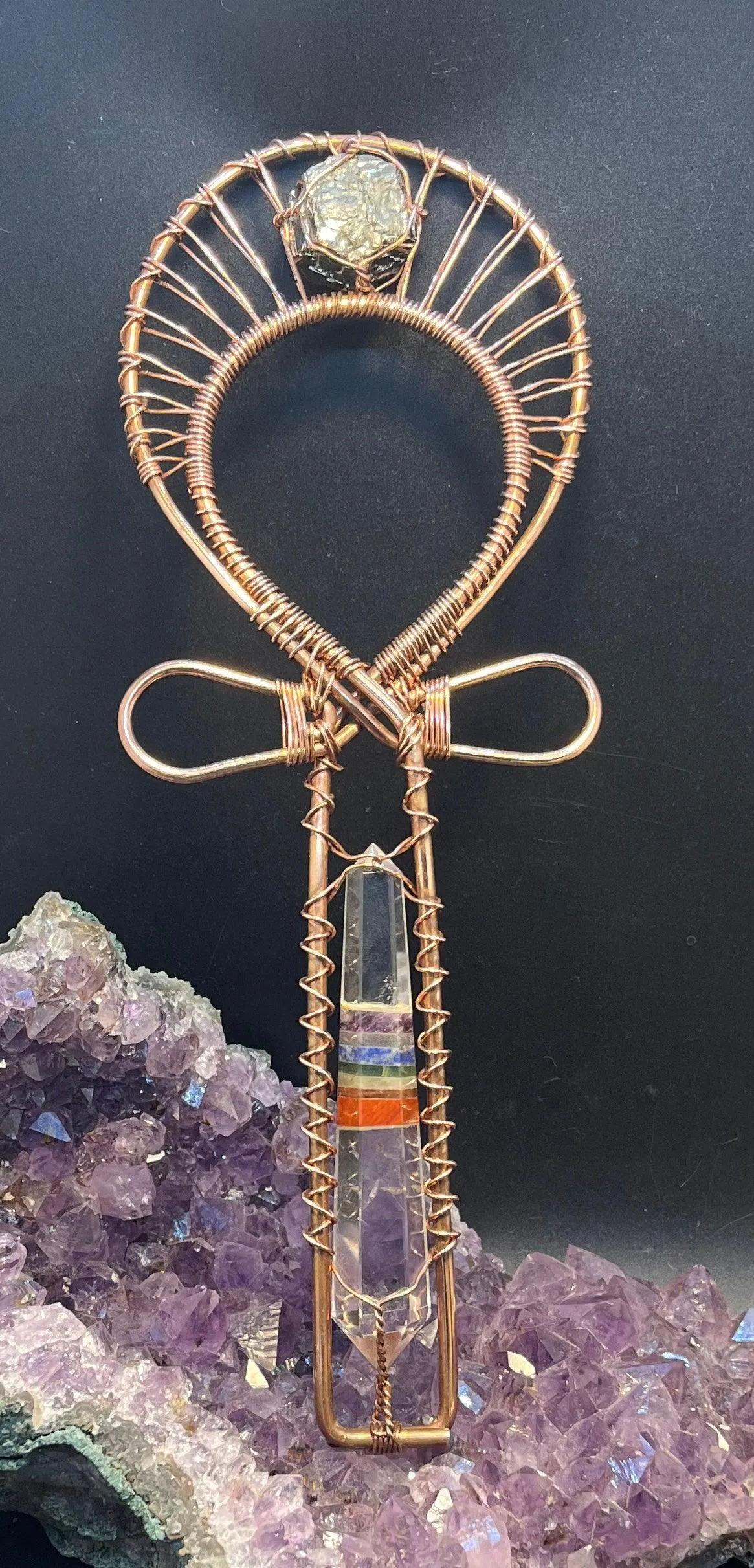 Chakra Crystal Vogel and Pyrite Dodecahedron Handheld Copper Ankh