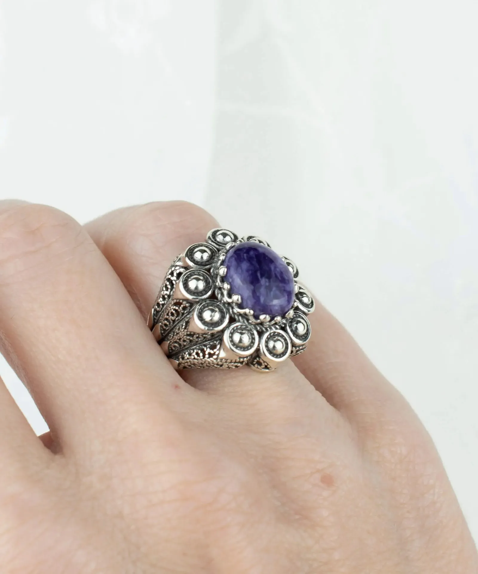 Charoite Dome Ring - Filigree Art, Perfect for Love and Weddings, Handcrafted Ring, Elegant Design, Unique Gemstone