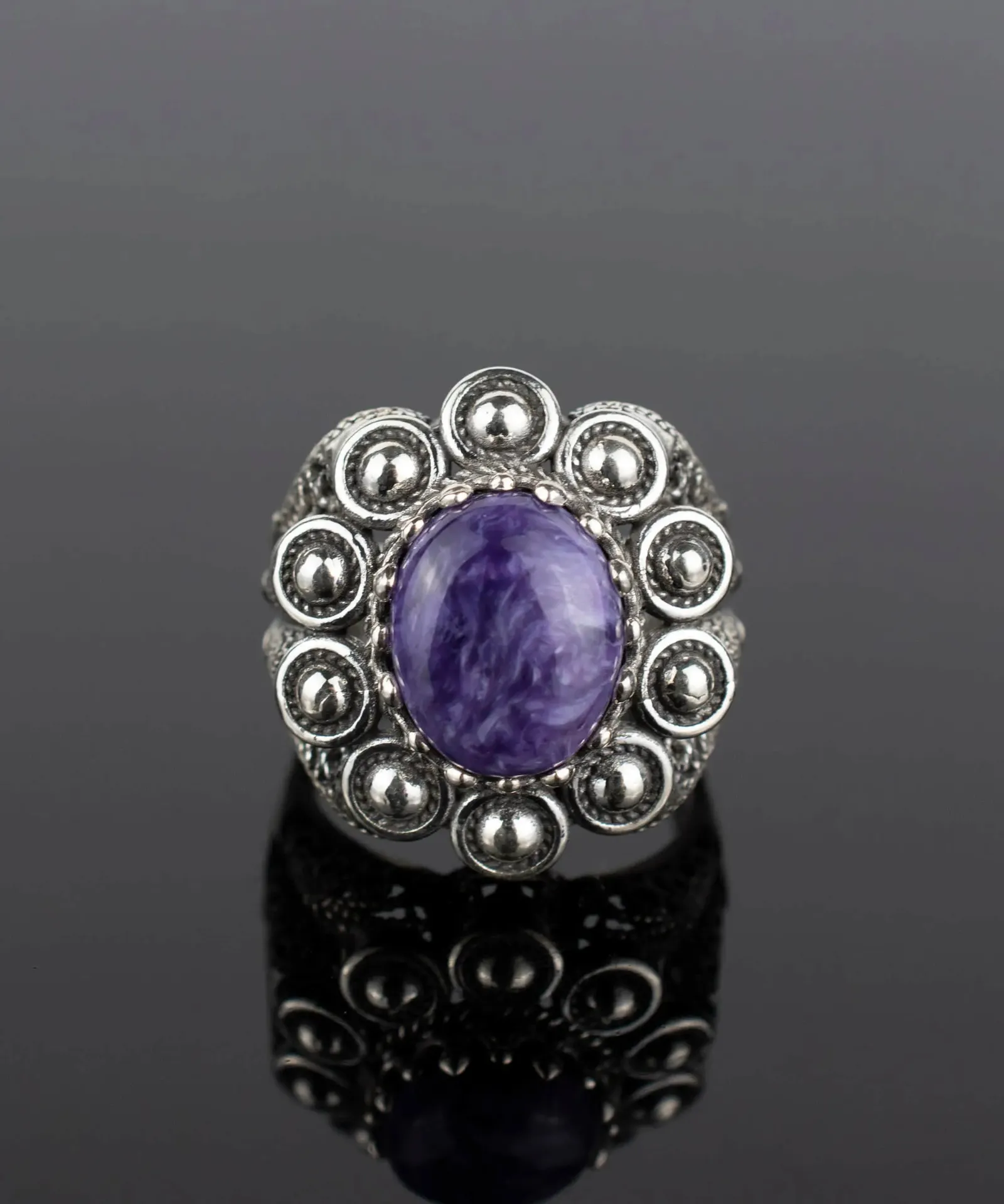 Charoite Dome Ring - Filigree Art, Perfect for Love and Weddings, Handcrafted Ring, Elegant Design, Unique Gemstone