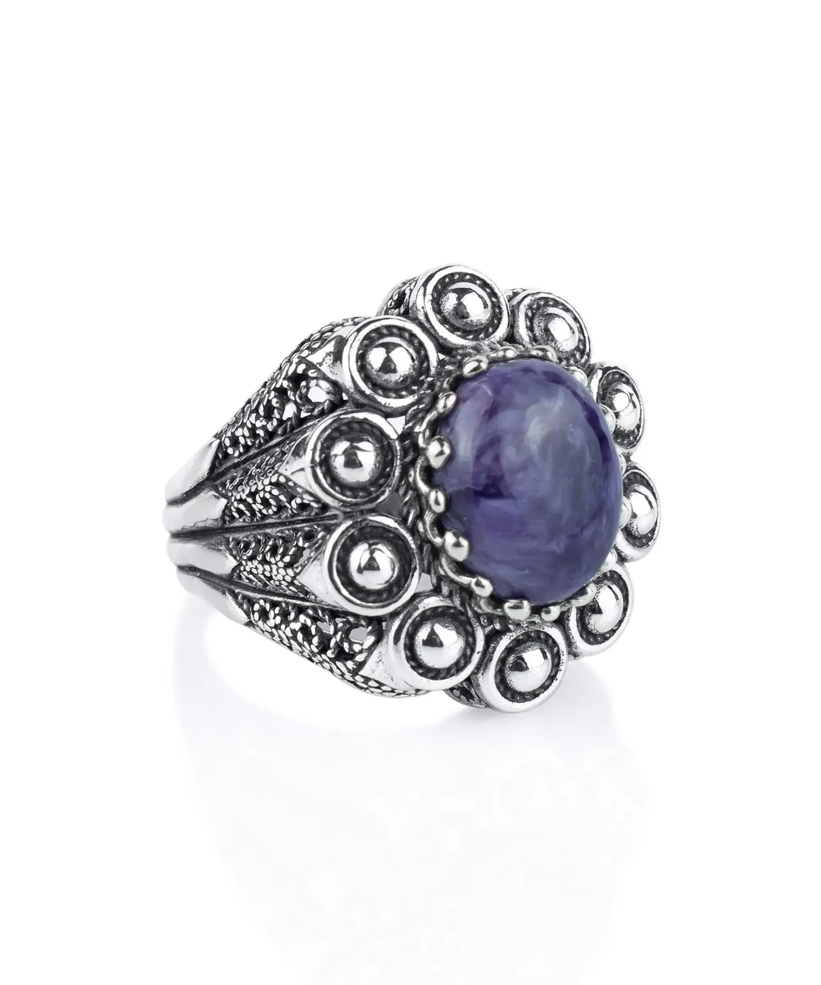 Charoite Dome Ring - Filigree Art, Perfect for Love and Weddings, Handcrafted Ring, Elegant Design, Unique Gemstone