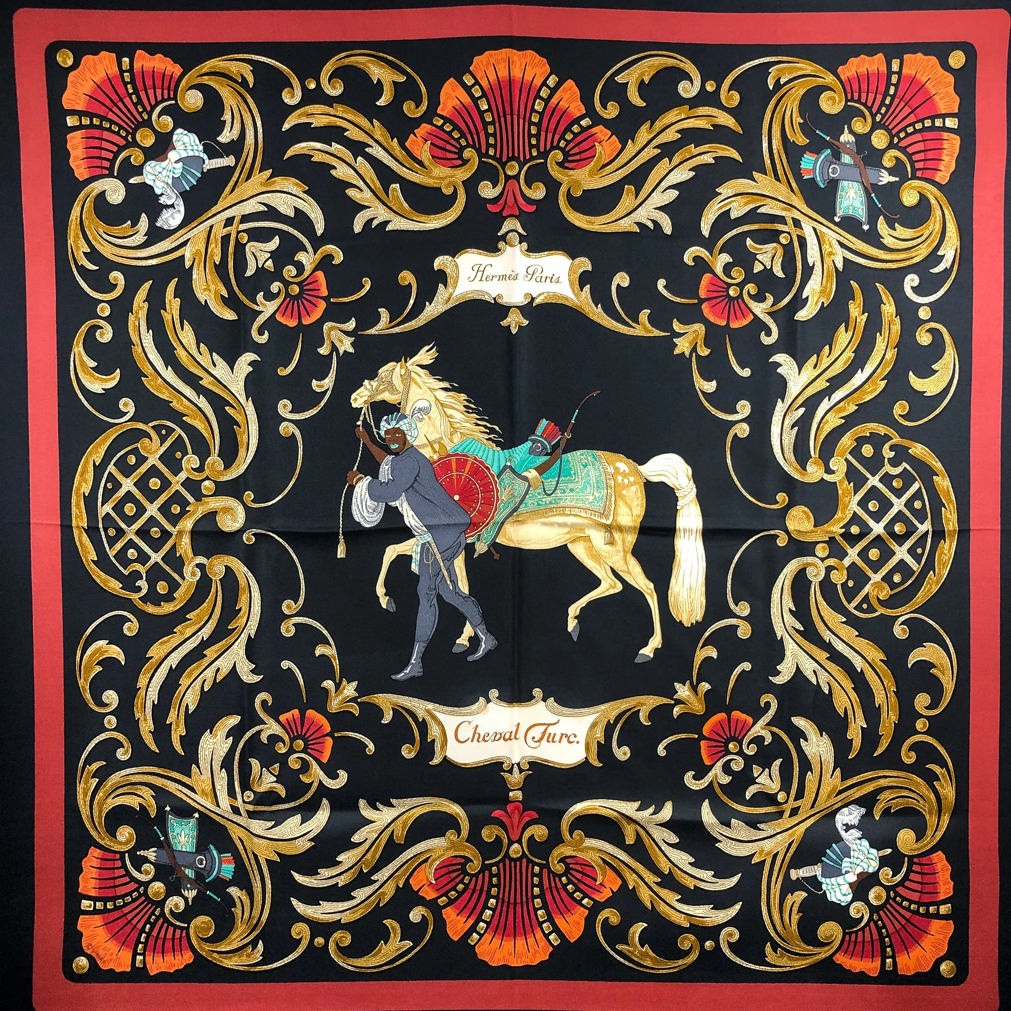 Cheval Turc Hermes Scarf by Vauzelles 90 cm Silk Twill Black Col.