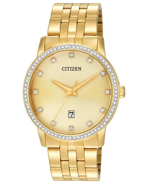 Citizen Quartz Mens Swarovski Crystal Dress- Gold Tone - Gold Dial