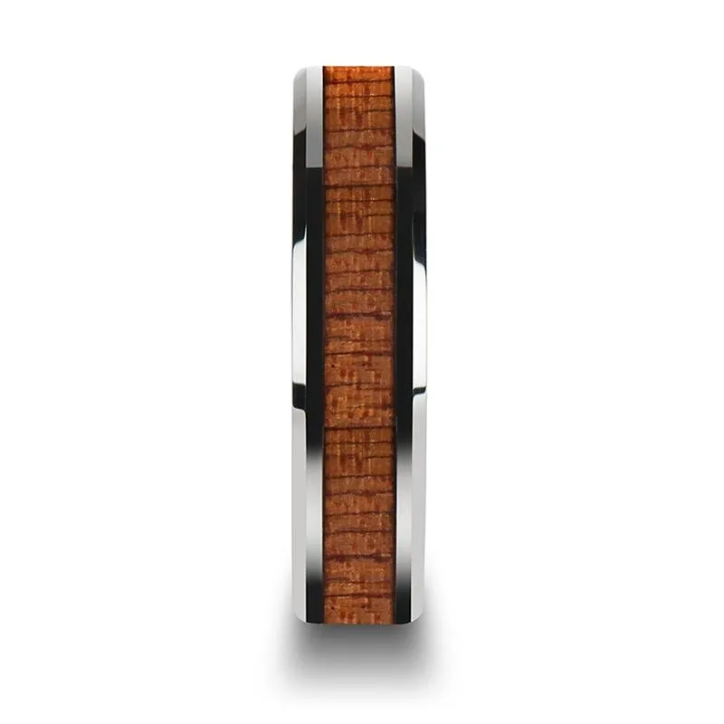 CONGO | Silver Tungsten Ring, African Sapele Wood Inlay, Beveled