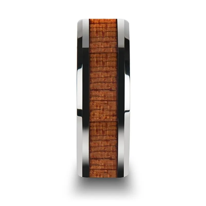 CONGO | Silver Tungsten Ring, African Sapele Wood Inlay, Beveled