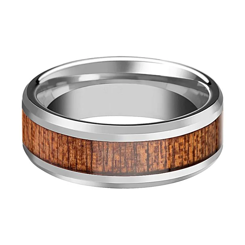 CONGO | Silver Tungsten Ring, African Sapele Wood Inlay, Beveled