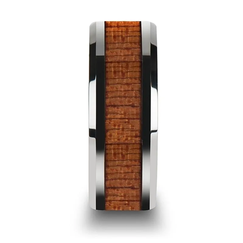 CONGO | Silver Tungsten Ring, African Sapele Wood Inlay, Beveled