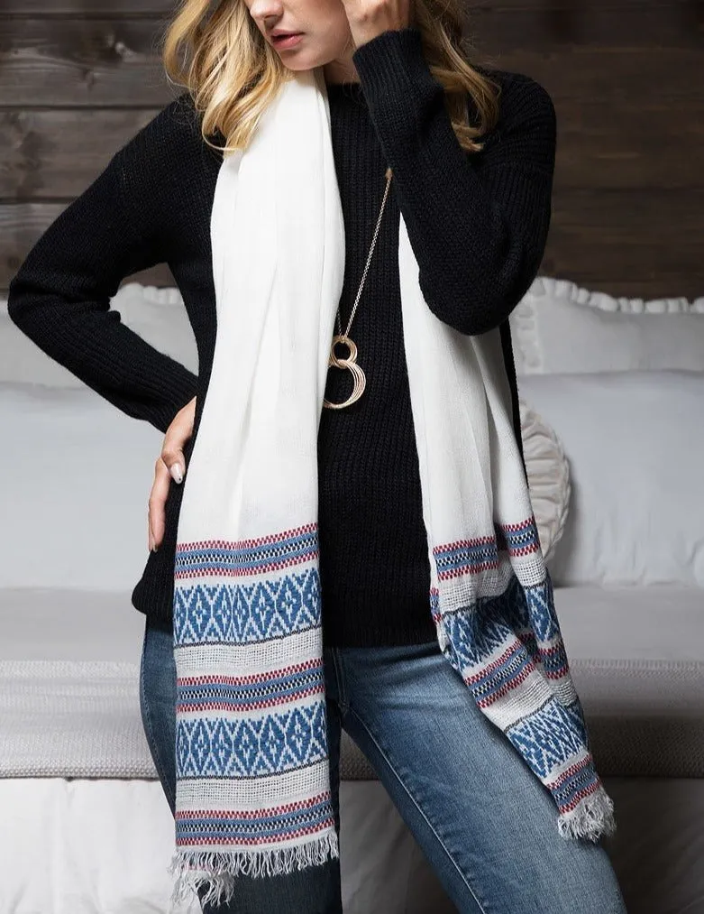 Cotton Beautiful jacquard ethnic pattern border with frayed fringe oversized scarf