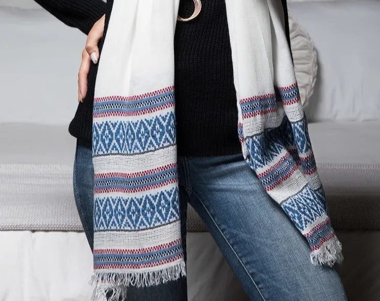 Cotton Beautiful jacquard ethnic pattern border with frayed fringe oversized scarf