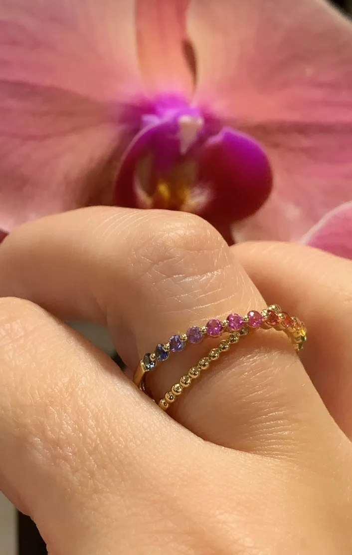 Criss-Cross X Rainbow Sapphire Beaded Gold Fancy Ring