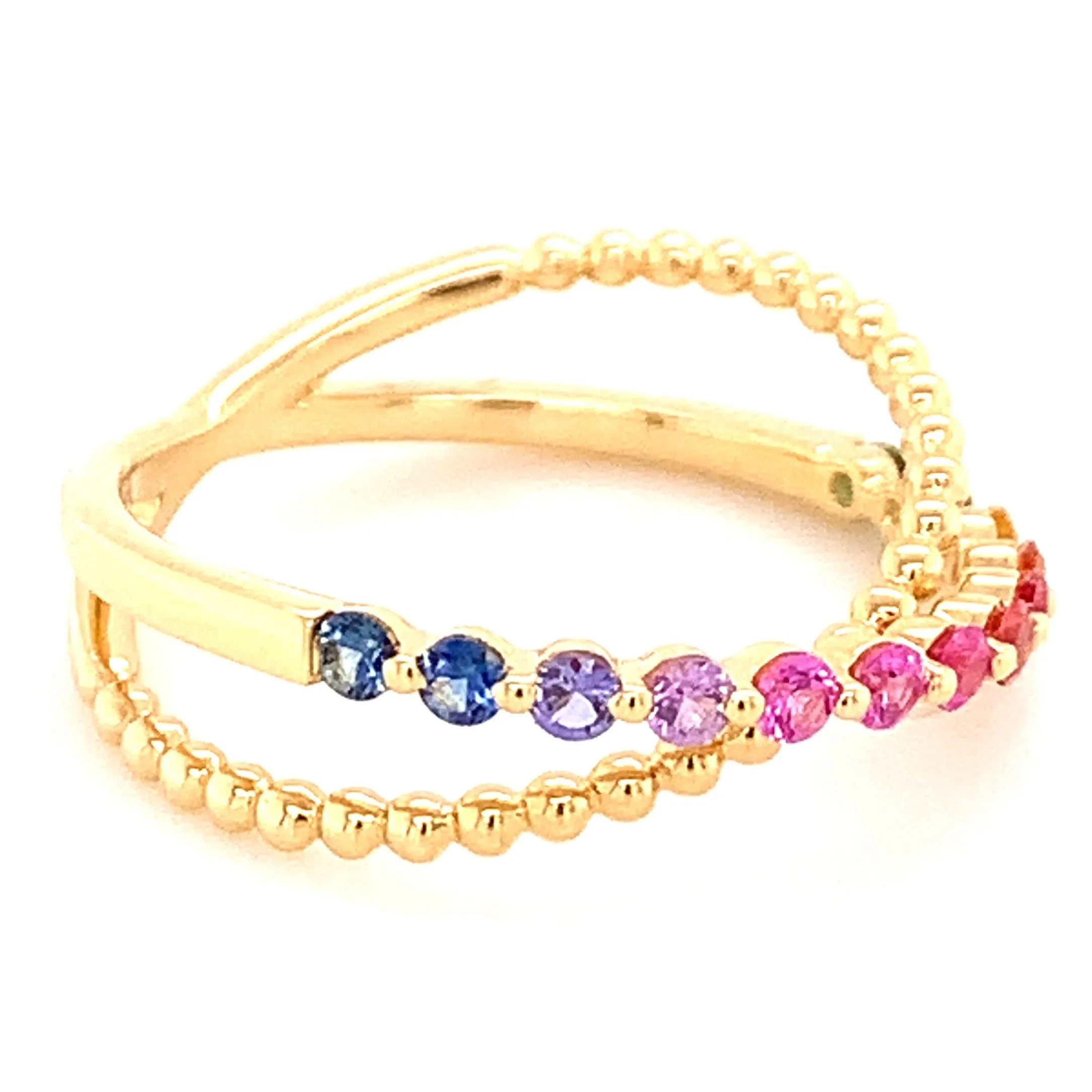 Criss-Cross X Rainbow Sapphire Beaded Gold Fancy Ring