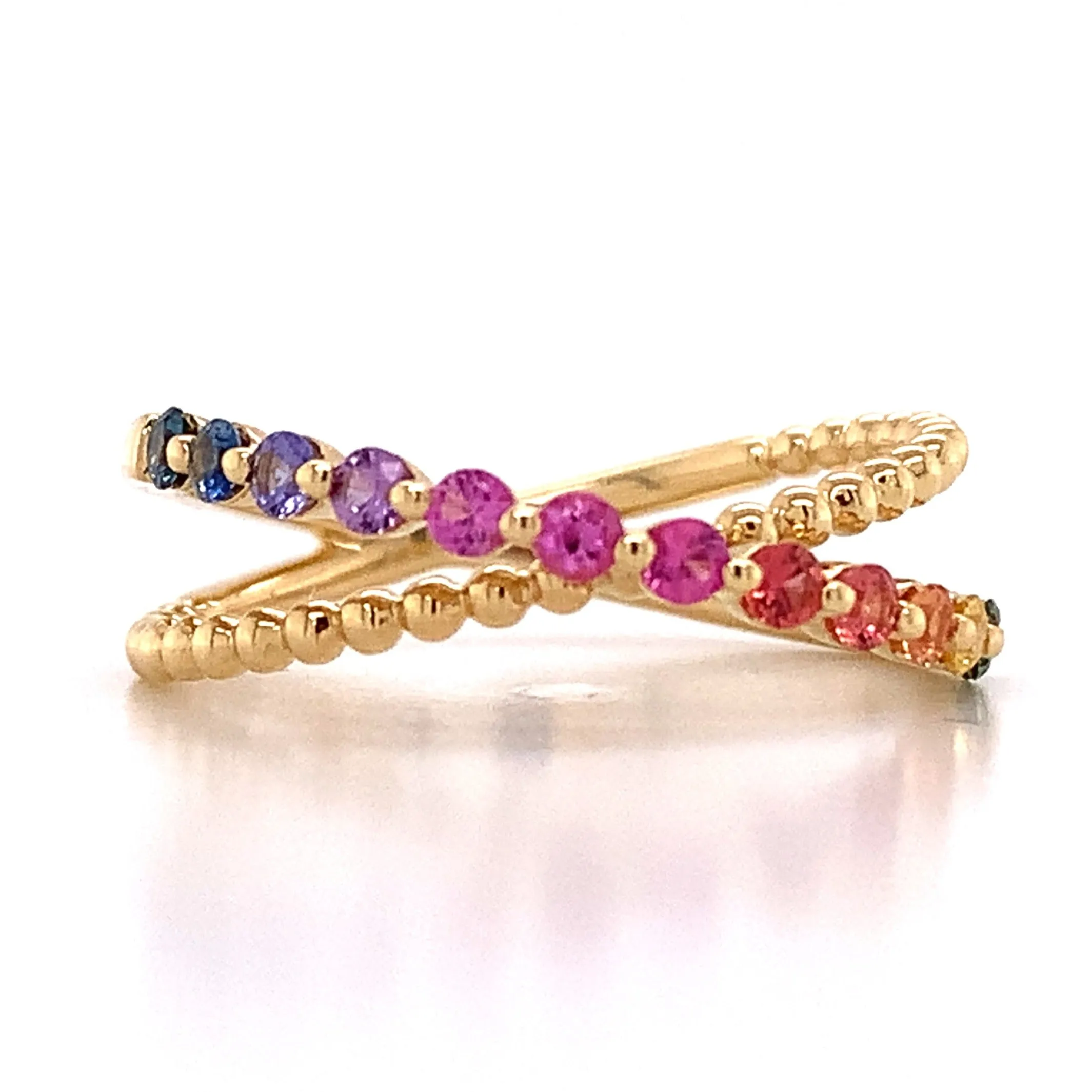 Criss-Cross X Rainbow Sapphire Beaded Gold Fancy Ring