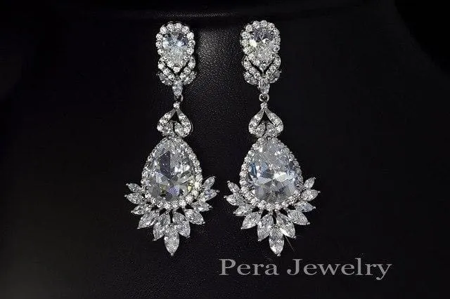 CZ Brand Luxury Silver Color Big Water Drop Cubic Zirconia Stone Earrings