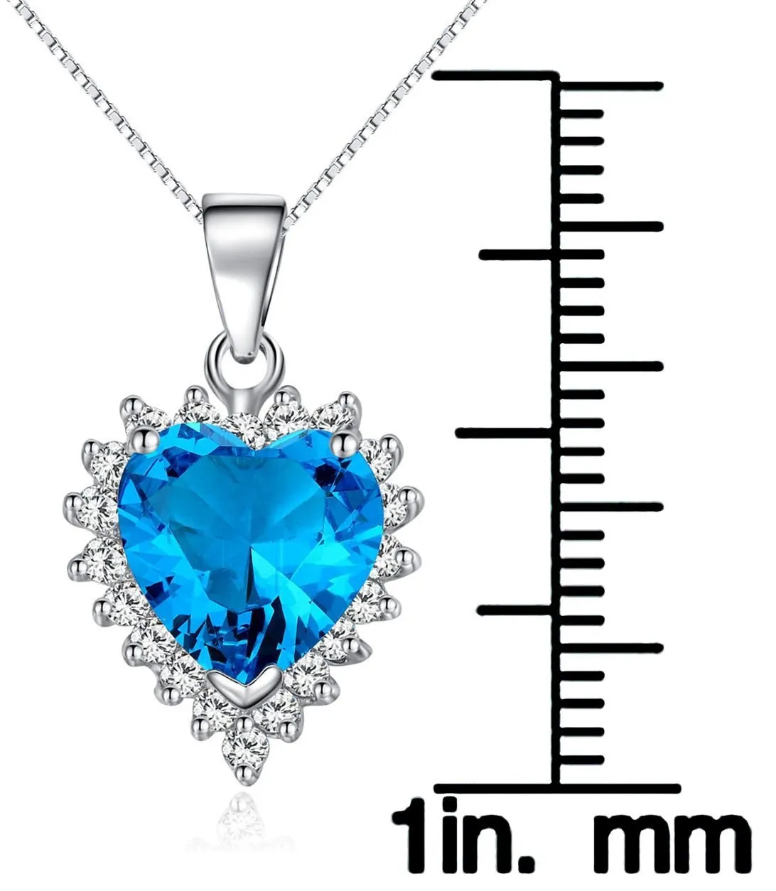 CZ Heart Necklace - Sterling Silver Blue CZ Heart Pendant with Clear CZ Crystals on Box Chain Necklace