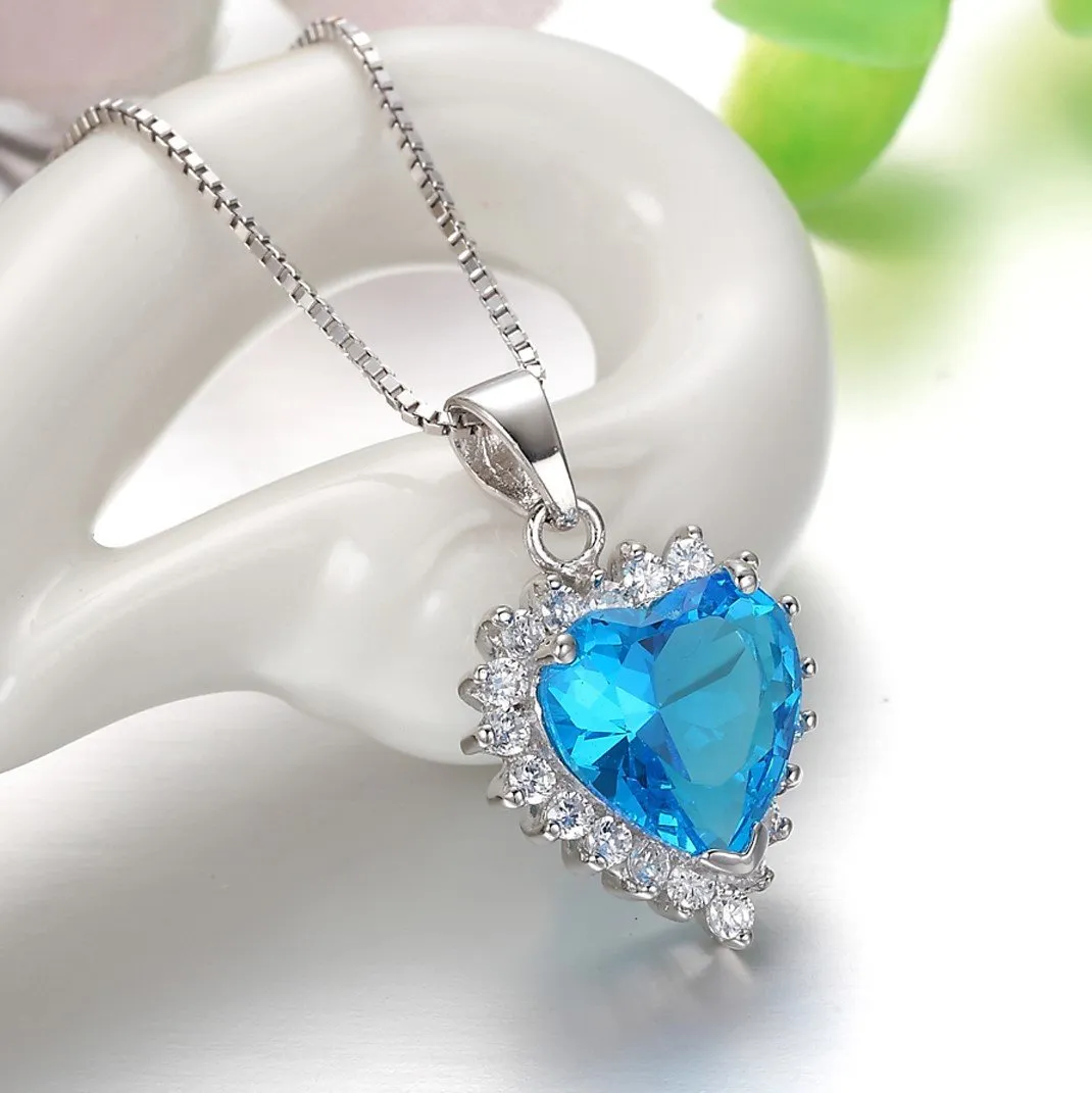 CZ Heart Necklace - Sterling Silver Blue CZ Heart Pendant with Clear CZ Crystals on Box Chain Necklace