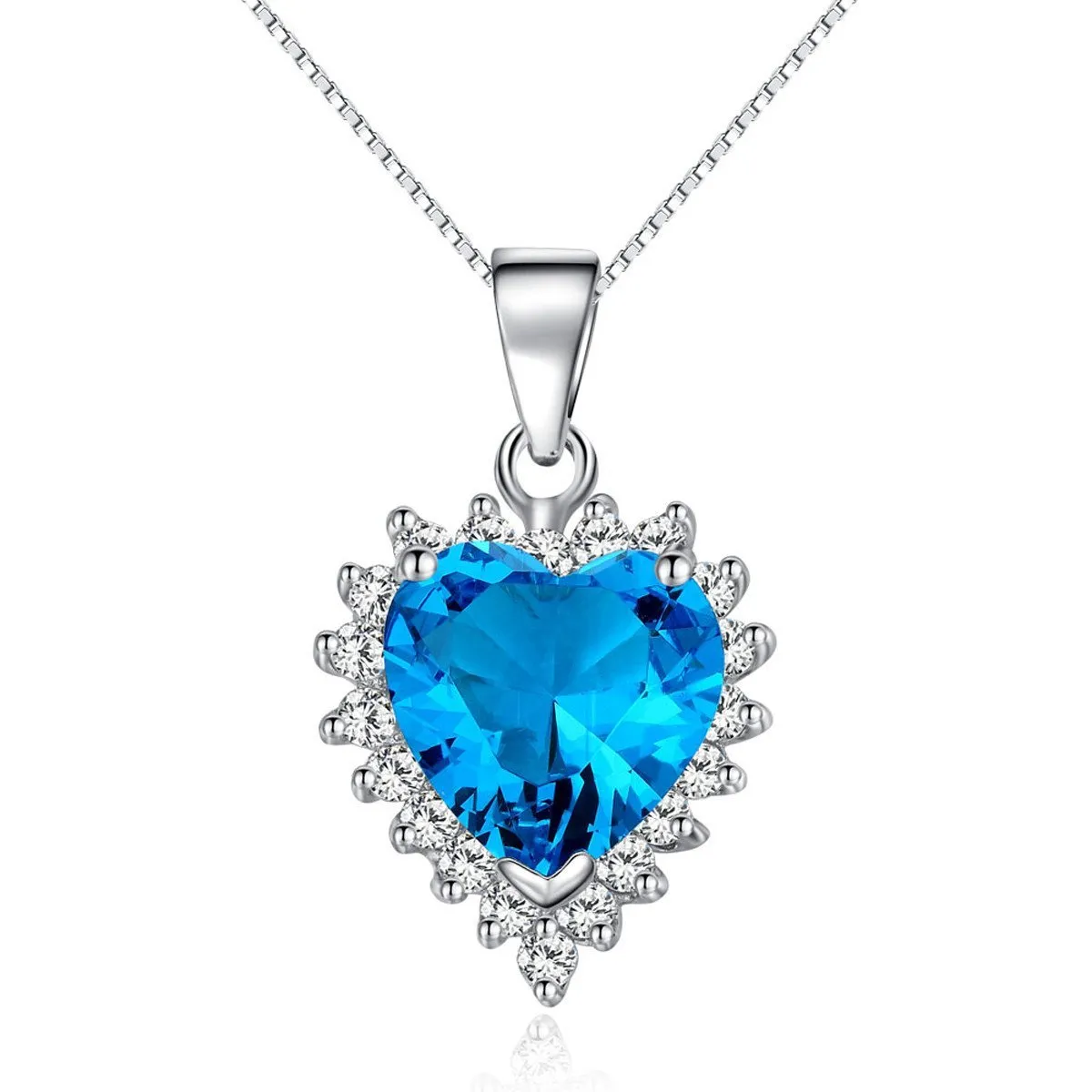 CZ Heart Necklace - Sterling Silver Blue CZ Heart Pendant with Clear CZ Crystals on Box Chain Necklace