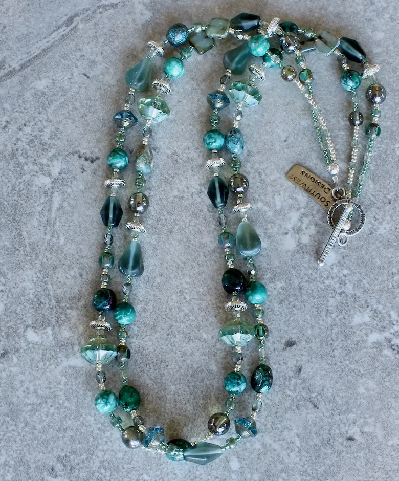 Czech Glass, Chrysocolla and Sleeping Beauty Jasper 2-Strand Necklace with Sterling Silver Beads & Toggle Clasp