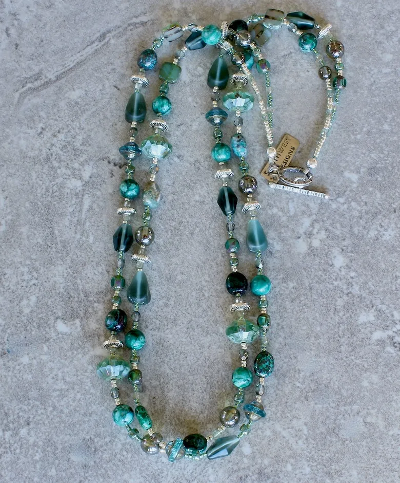 Czech Glass, Chrysocolla and Sleeping Beauty Jasper 2-Strand Necklace with Sterling Silver Beads & Toggle Clasp