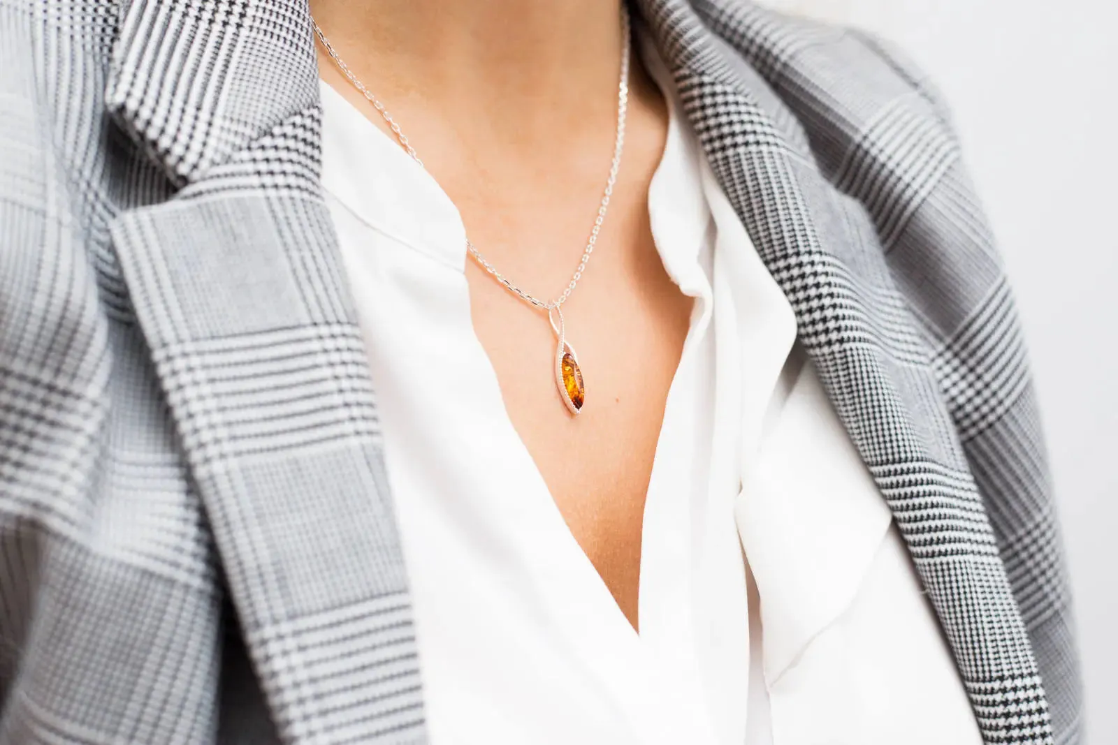 Dainty Sparkly Marquise Pendant - Baltic Amber & Sterling Silver