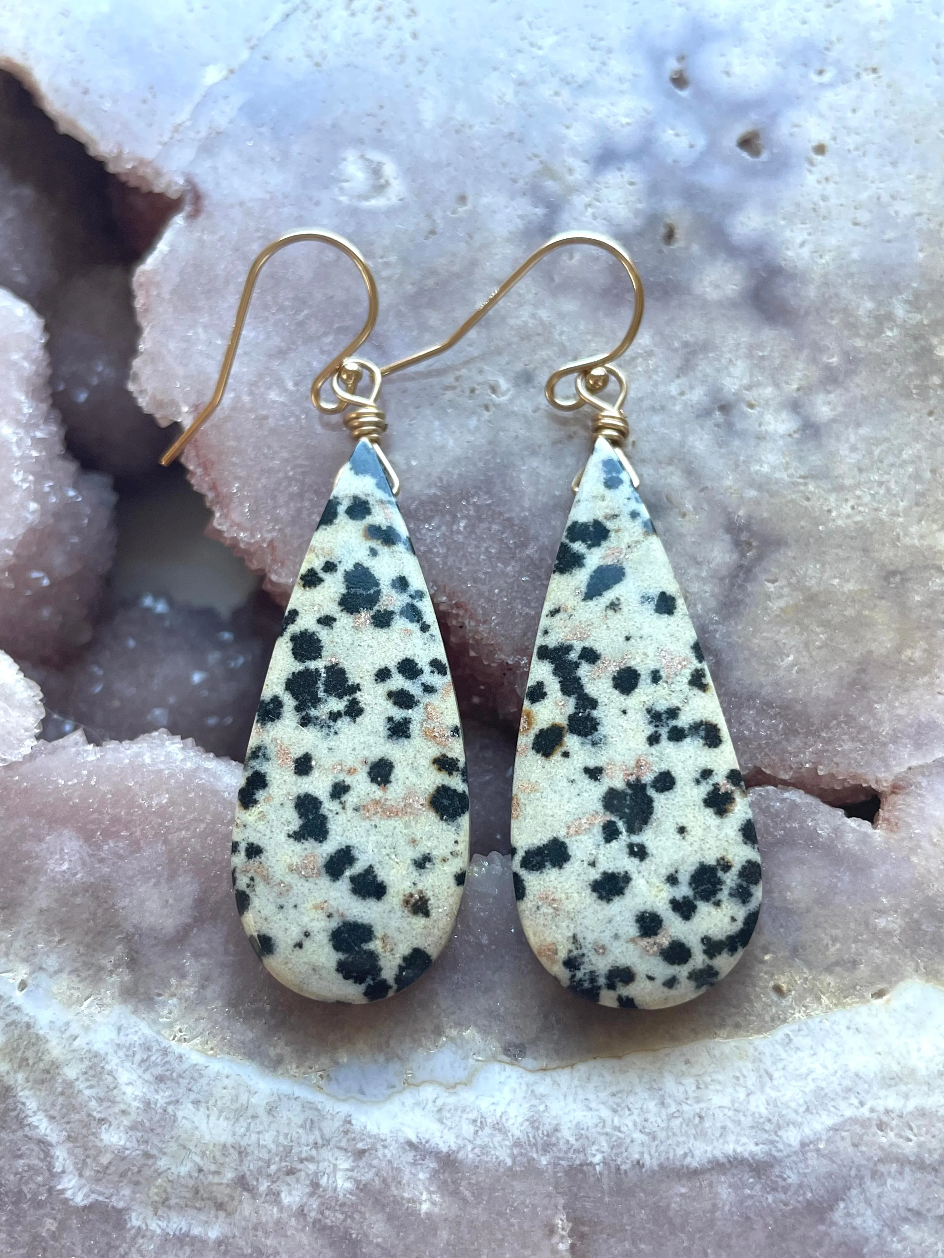 Dalmatian Jasper Dangle Earrings Gold Filled