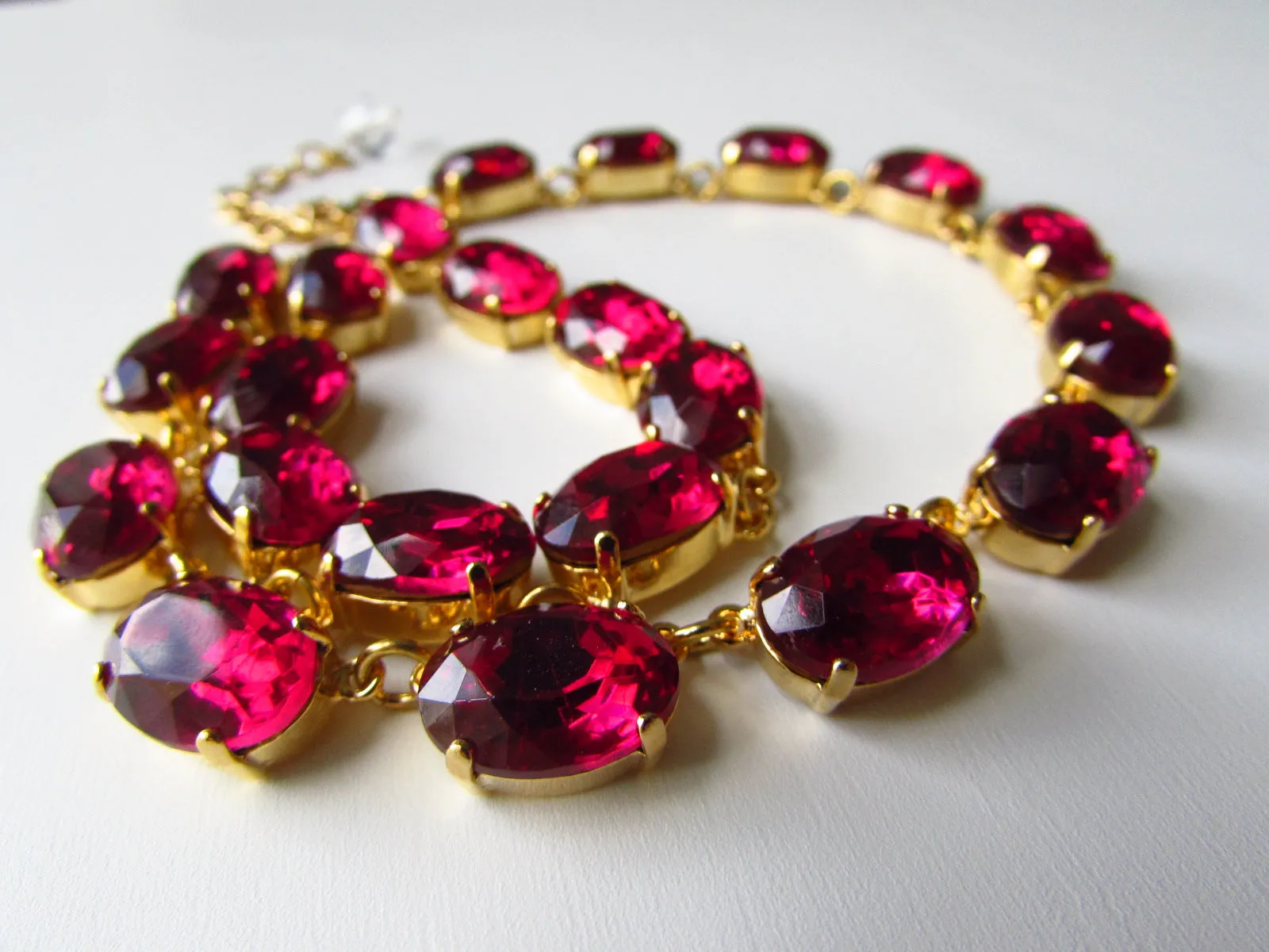 Dark Pink Crystal Collet Necklace - Medium Oval