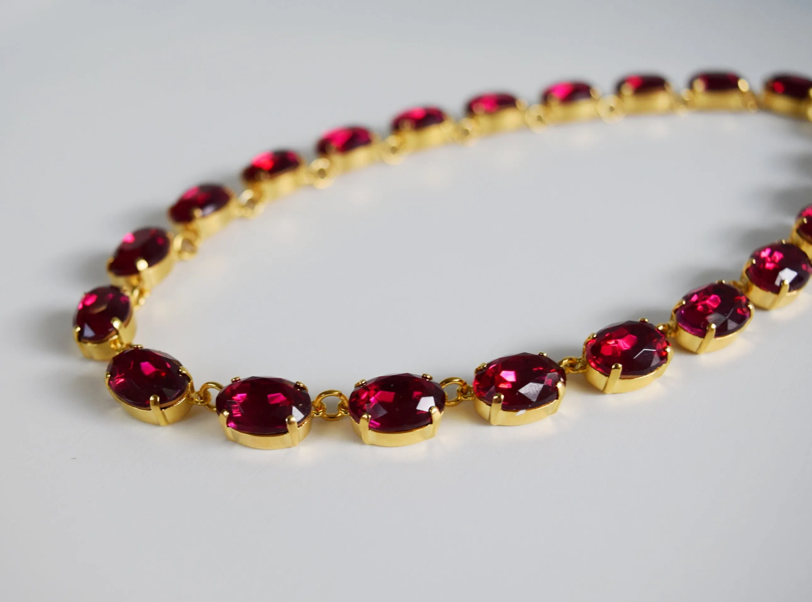 Dark Pink Crystal Collet Necklace - Medium Oval