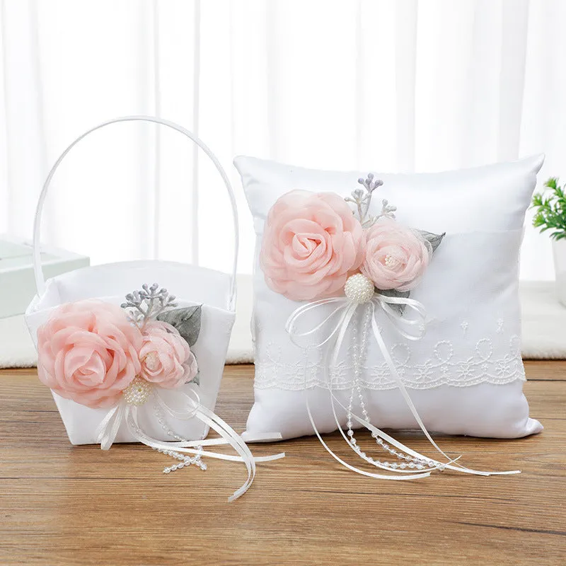 Delicate Rose Theme Wedding Ring Bearer Pillows and Flower Girl Baskets