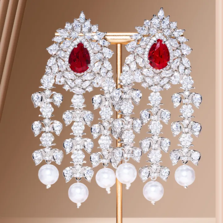 Dia Statement Waterfall Pearl Earrings Ruby & White Gold By Jaipur Rose Luxury Indian Jewelry Online