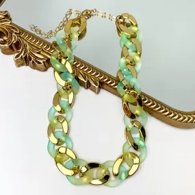 Double the Fun Two Tone Chain Link Necklace in Gold Tone and Green