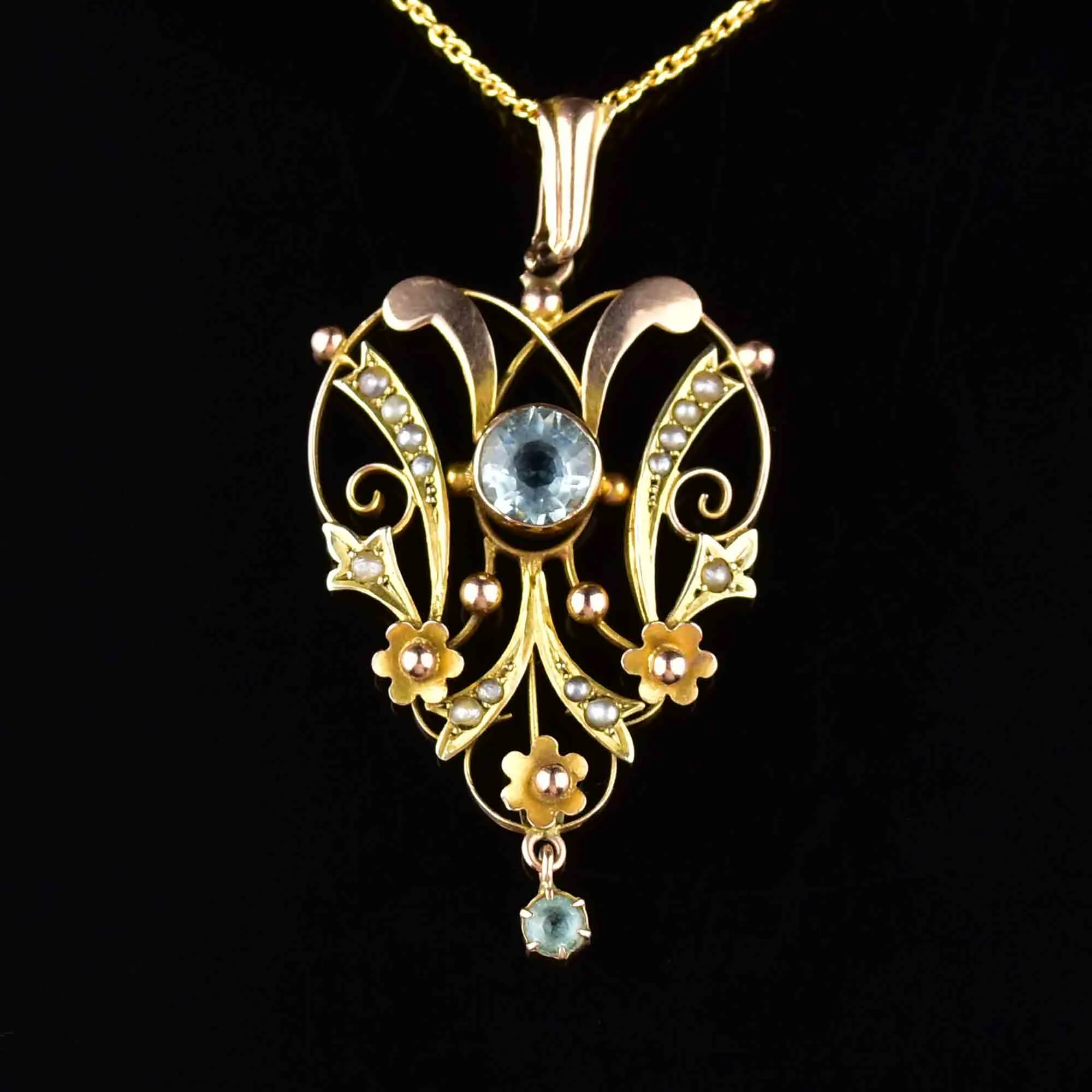 Edwardian Gold Aquamarine Lavaliere Pendant Necklace