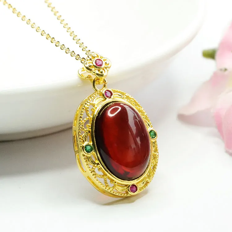 Egg Shaped Blood Amber Pendant with Zircon Flower Necklace - Vintage Sterling Silver Jewelry