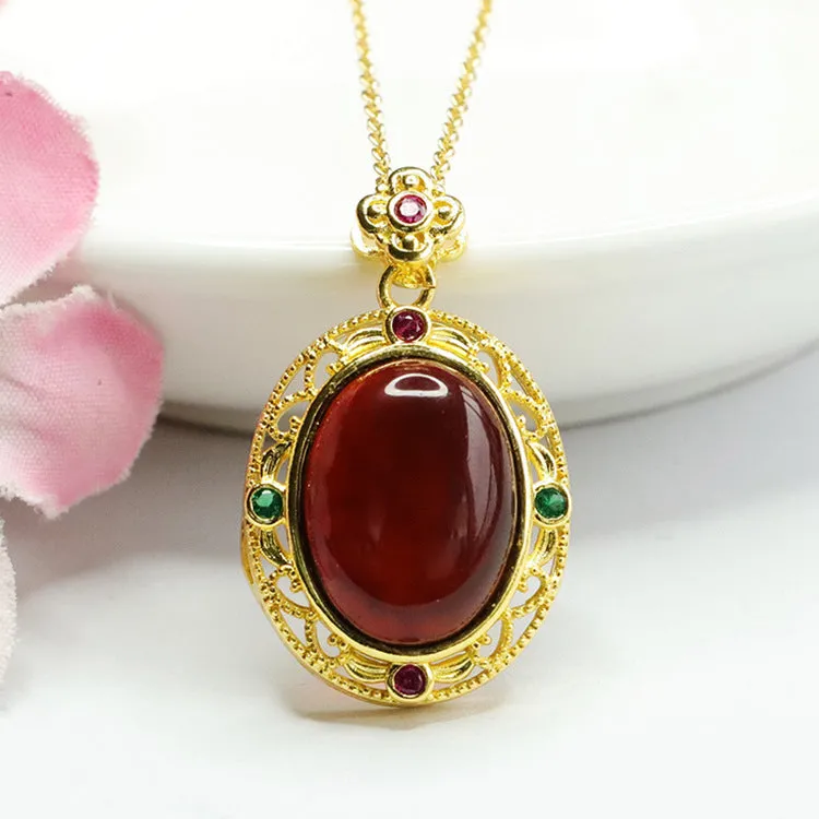 Egg Shaped Blood Amber Pendant with Zircon Flower Necklace - Vintage Sterling Silver Jewelry