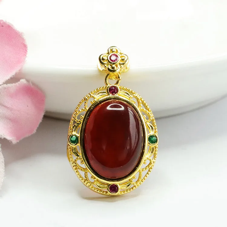 Egg Shaped Blood Amber Pendant with Zircon Flower Necklace - Vintage Sterling Silver Jewelry