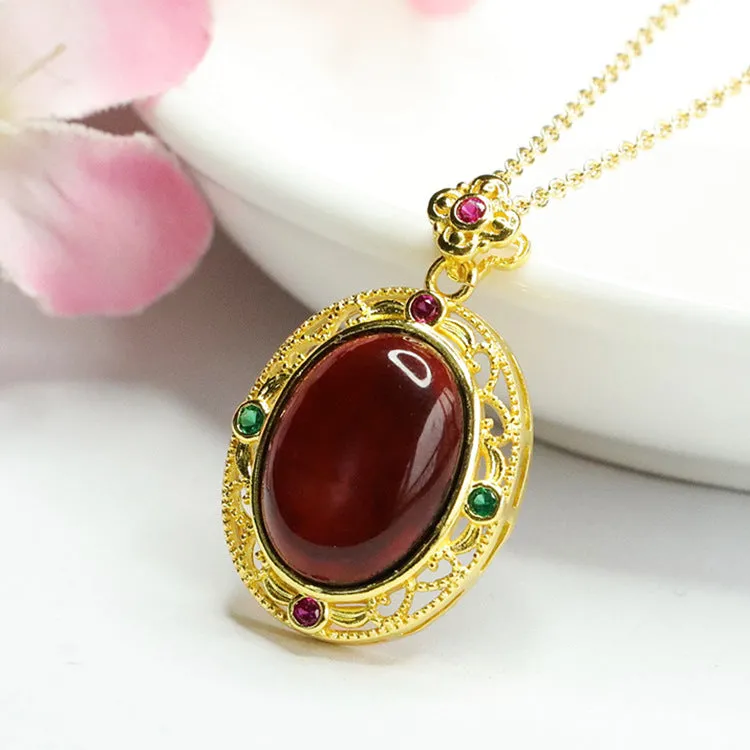 Egg Shaped Blood Amber Pendant with Zircon Flower Necklace - Vintage Sterling Silver Jewelry